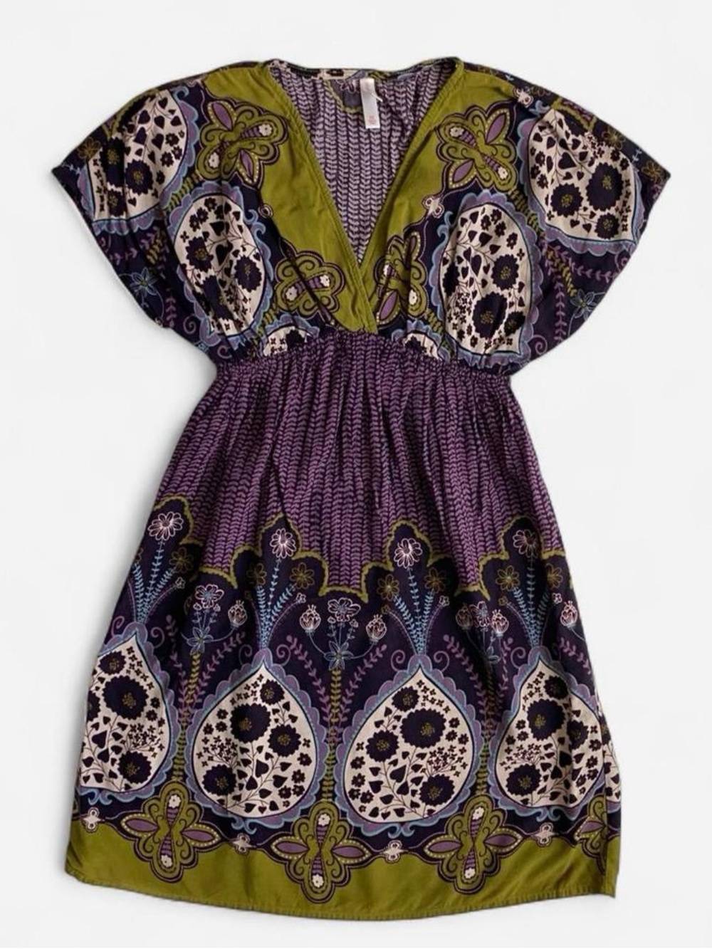 Y2k purple & green boho patterned babydoll mini dress